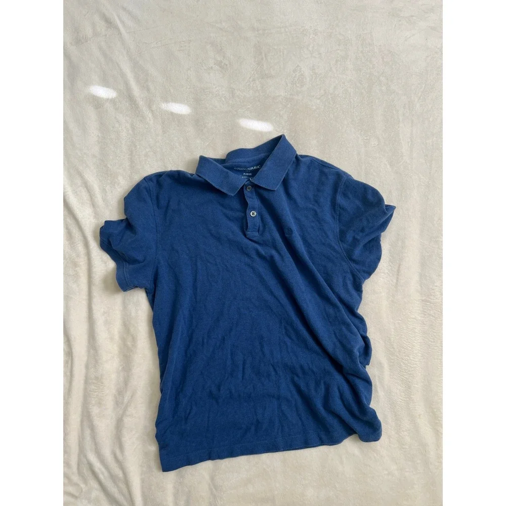 Banana Republic Mens Blue Pique Cotton Short Sleeve Polo Shirt Logo Size L
